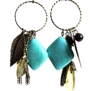 Hoop Earrings blue gold tone southwest feather charm womens jewelry statement